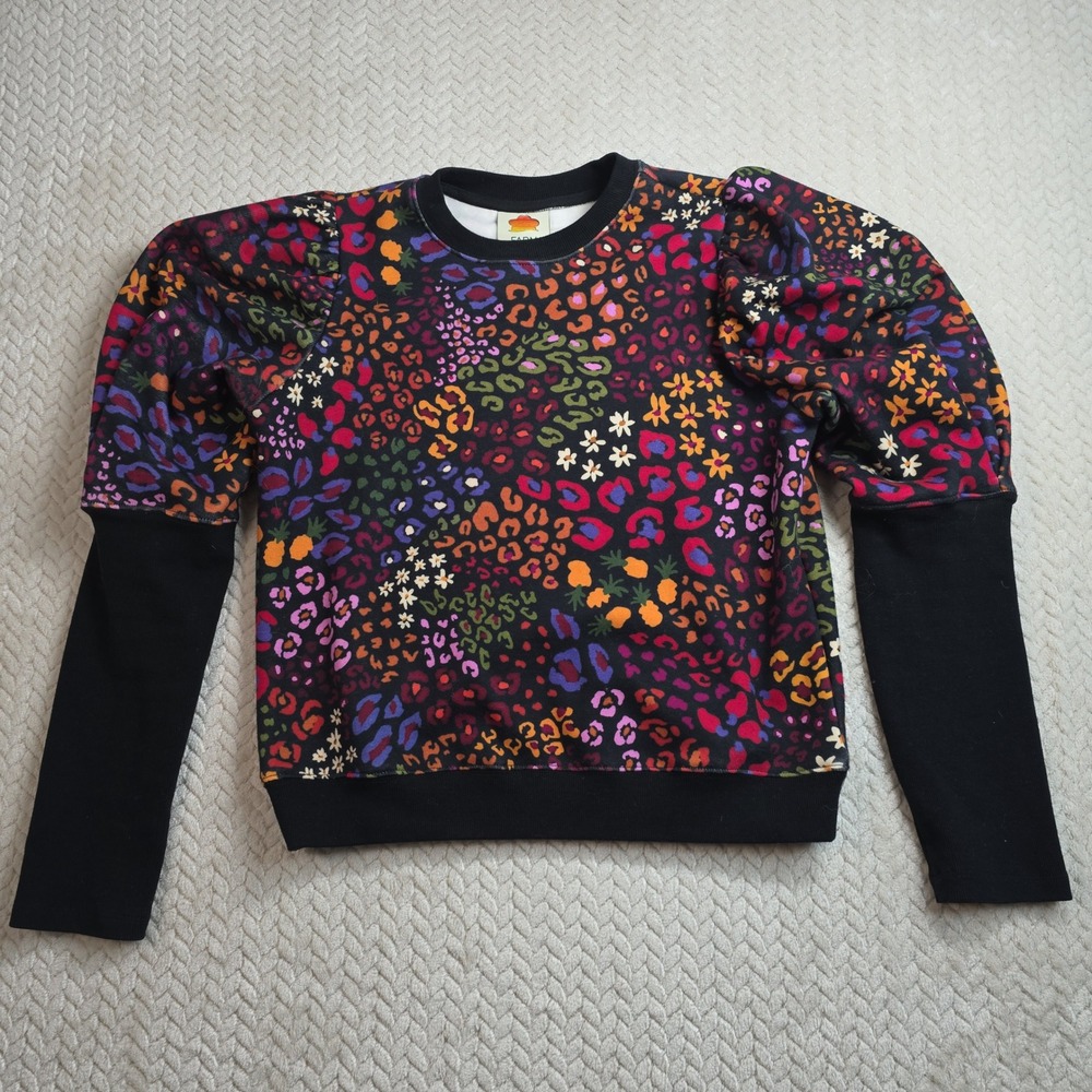 Farm Rio Mixed Leopard Floral Puff Sleeve Sweatshirt Black Multi Small 1314
